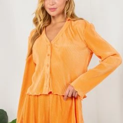 Indigo Boutique New Arrivals ORANGE COLLARED LONG SLEEVE SHIRT WITH PLEATED SATIN