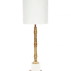 Indigo Boutique CARSON AGED GOLD METAL LAMP WITH WHITE MARBLE BASE & WHITE LINEN SHADE Furniture
