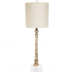 Indigo Boutique AGED GOLD AND SILVER PEYTON TWIST LAMP WITH LUCITE BASE & LIGHT GREY LINEN SHADE