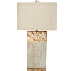 Indigo Boutique ALAN CEMENT & ANTIQUE GOLD FINISHED SQUARE LAMP WITH LINEN SHADE