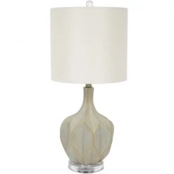 Indigo Boutique PAXTON CEMENT FINISHED LAMP WITH GOLD ACCENTS & LIGHT LINEN SHADE Furniture