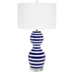 Indigo Boutique CLAUDETTE BLUE & WHITE STRIPED CERAMIC TABLE LAMP WITH CRYSTAL BASE Furniture