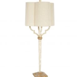 Indigo Boutique LEE FRENCH WHITE & GOLD QUATREFOIL BUFFET LAMP WITH SCALLOPED LINEN SHADE