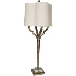 Indigo Boutique CHAMPAGNE GOLD QUATREFOIL BUFFET LAMP WITH ACRYLIC BASE & SCALLOPED LINEN SHADE