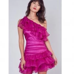 Indigo Boutique One Shoulder Magenta Organza Dress Dresses