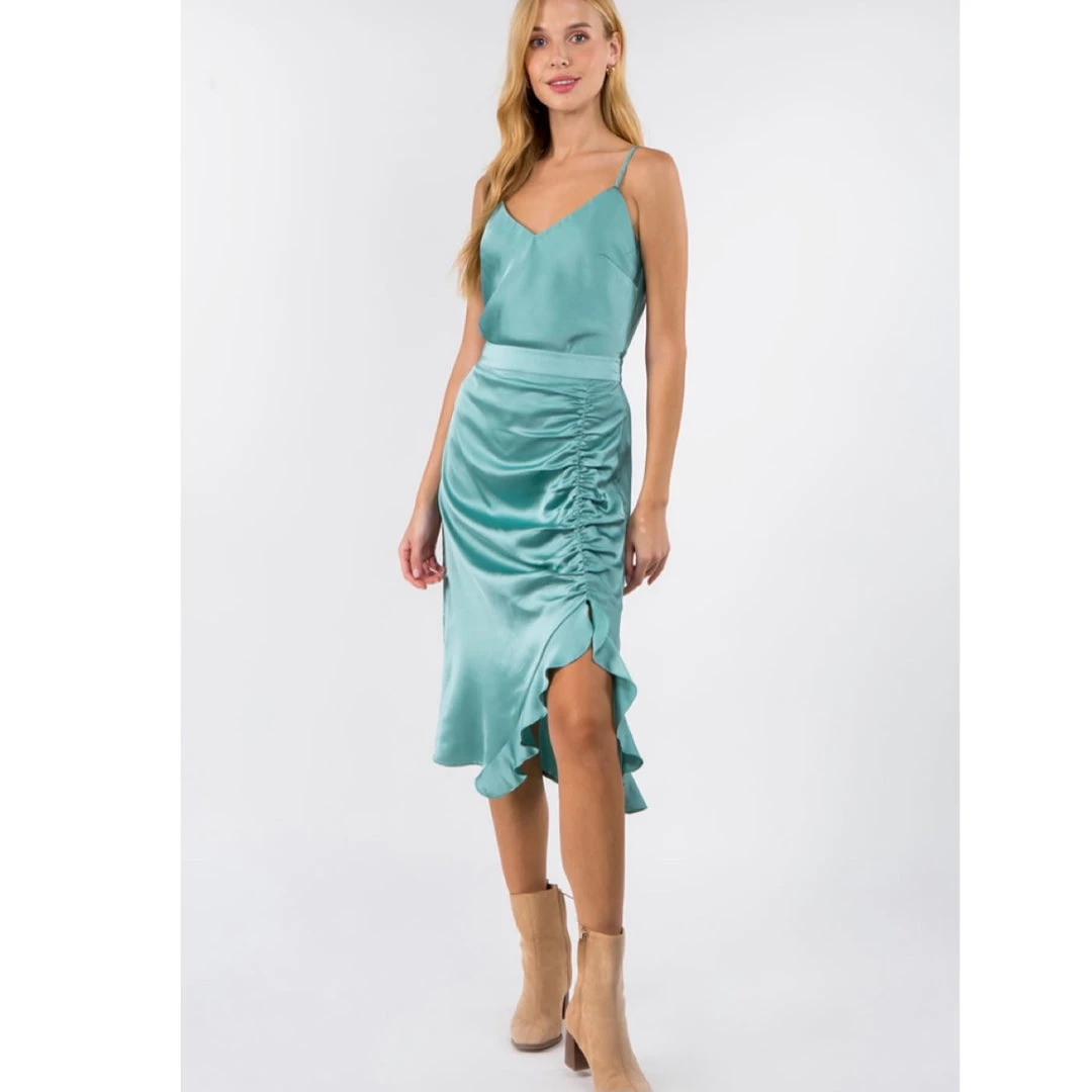 Indigo Boutique Light Blue Ruched Sateen Skirt 3 Indigo Boutique Light Blue Ruched Sateen Skirt