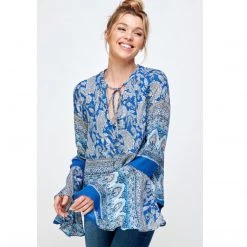 Indigo Boutique Bell Sleeve Paisley Print Top Tops