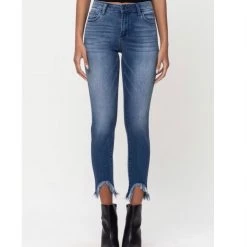 Indigo Boutique Dark Distressed High Low Hem Denim Bottoms