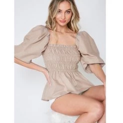 Indigo Boutique Tops Taupe Balloon Sleeve Peplum Blouse