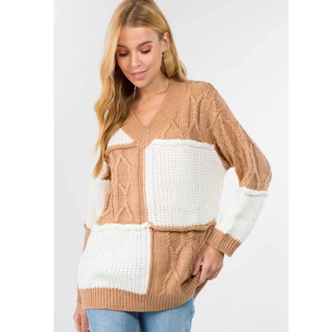 Indigo Boutique Color Block Taupe Sweater Tops 3 Indigo Boutique Color Block Taupe Sweater Tops