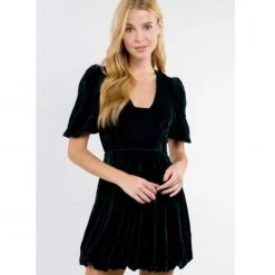 Indigo Boutique Velvet Green Puff Sleeve Dress