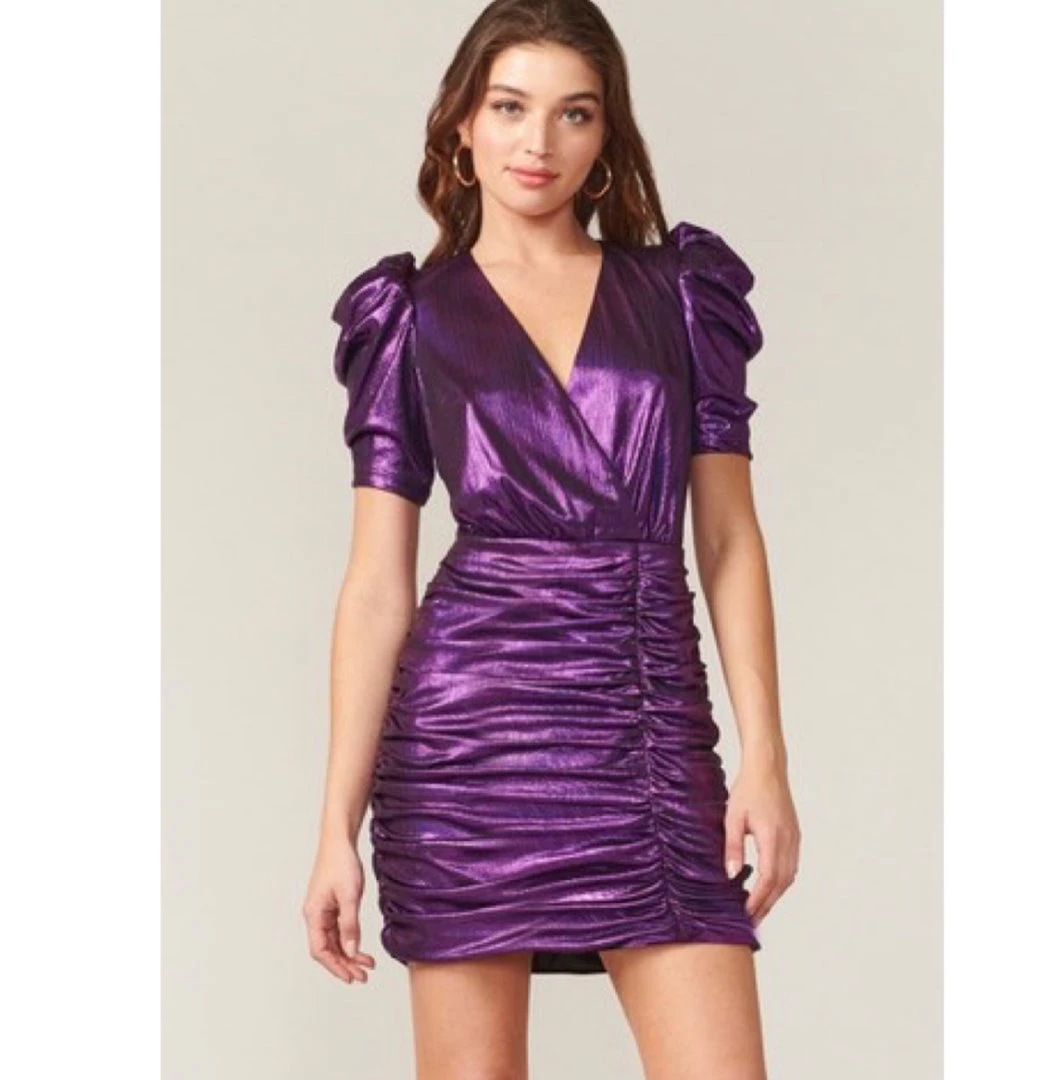 Indigo Boutique Dresses Metallic Purple Puff Sleeve Dress 3 Indigo Boutique Dresses Metallic Purple Puff Sleeve Dress