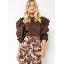 Indigo Boutique Puff Sleeve Brown Blouse