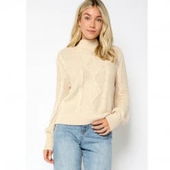 Indigo Boutique Cable Knit Mock Neck Sweater Cream Tops