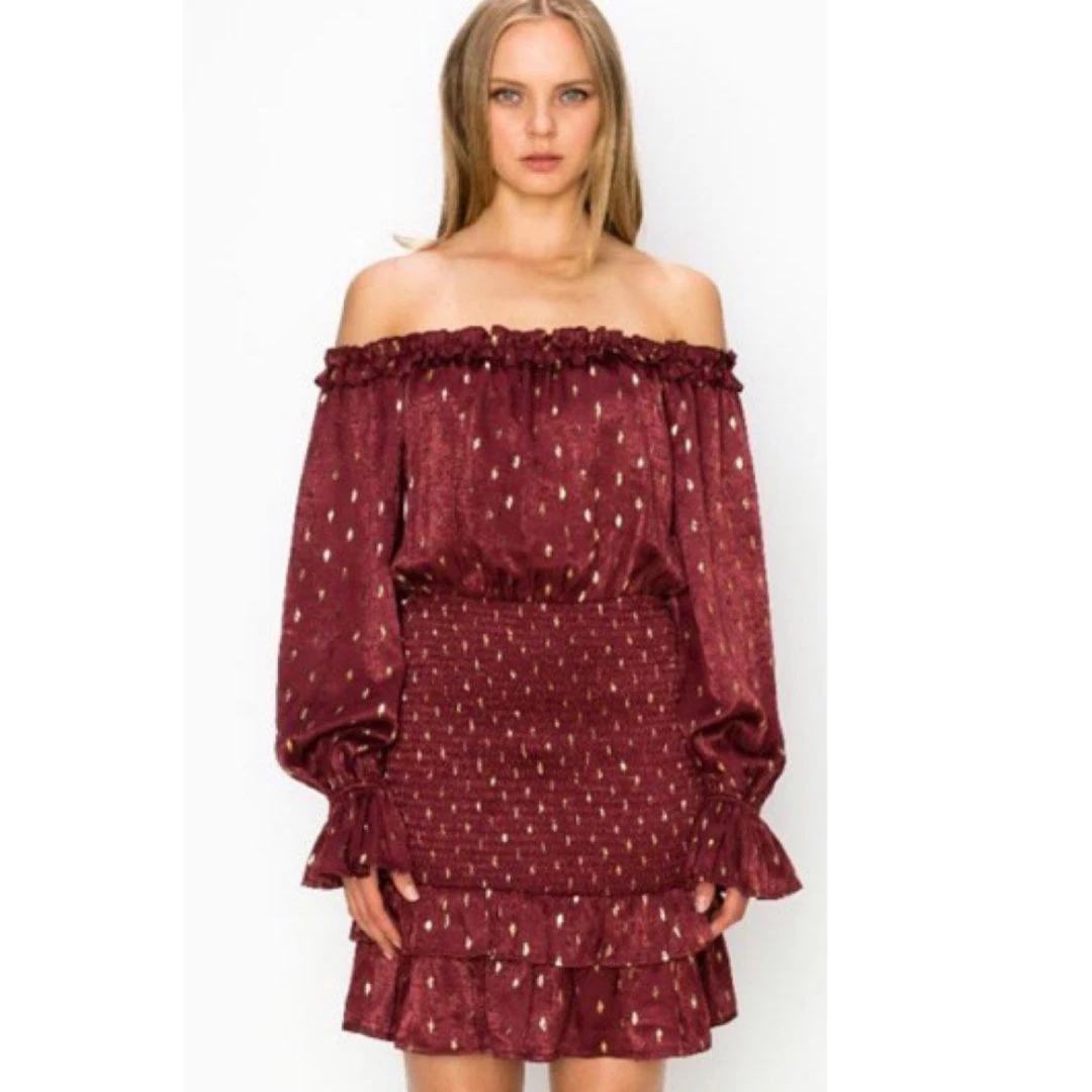 Indigo Boutique Wine And Gold Off The Shoulder Dress 3 Indigo Boutique Wine And Gold Off The Shoulder Dress