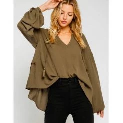 Indigo Boutique Olive Tassel Blouse Tops