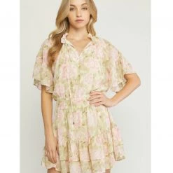 Indigo Boutique Floral Print V Neck Dress In Peach Dresses