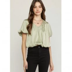 Indigo Boutique Olive Sateen Bubble Blouse