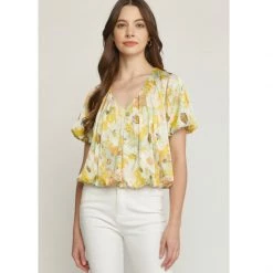 Indigo Boutique Floral Sateen Bubble Blouse Tops