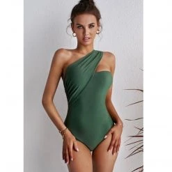 Indigo Boutique Green One Shoulder One Piece Swim Suit