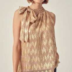 Indigo Boutique Pleated Shiny Gold And Champagne Blouse Tops