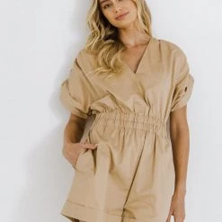 Indigo Boutique Jumpsuits Taupe Romper With Elastic Detail