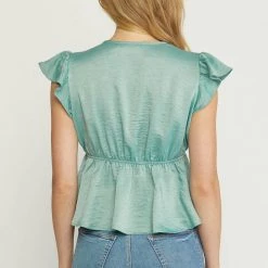 Indigo Boutique V-neck Ruffle Sleeve Blouse Sage