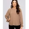 Indigo Boutique Long Sleeve Woven Pleated Blouse Taupe
