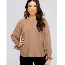 Indigo Boutique Long Sleeve Woven Pleated Blouse Taupe