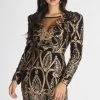 Indigo Boutique Embellished Long Sleeve Black And Gold Dress