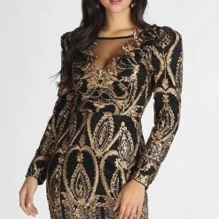 Indigo Boutique Embellished Long Sleeve Black And Gold Dress