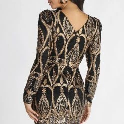 Indigo Boutique Embellished Long Sleeve Black And Gold Dress