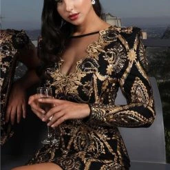 Indigo Boutique Embellished Long Sleeve Black And Gold Dress