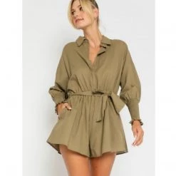 Indigo Boutique Belted Shirt Romper In Olive