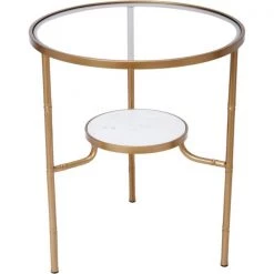 Indigo Boutique Furniture SOMOERVILLE GOLD AND WHITE MARBLE ACCENT TABLE WITH GLASS TOP